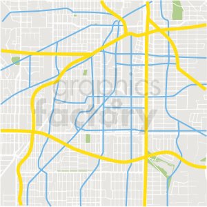 Aerial view map illustration with yellow highways, blue roads, and green parks.