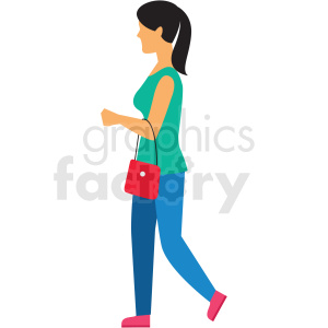 Clipart illustration of a woman walking with a ponytail, wearing a green top and blue pants, carrying a red purse.