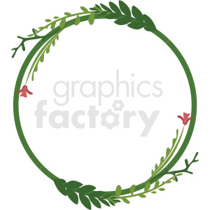 A circular clipart image featuring a wreath made of green leafy vines and decorated with small red flowers.