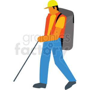 A minimalistic clipart image of a hiker wearing a yellow cap, red jacket, yellow shirt, and blue pants, carrying a grey backpack and using a walking stick.