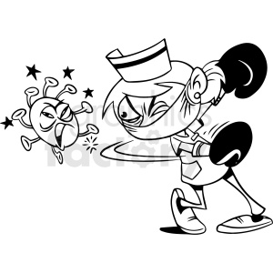 A nurse wearing a mask and boxing gloves fighting an angry virus cartoon character.