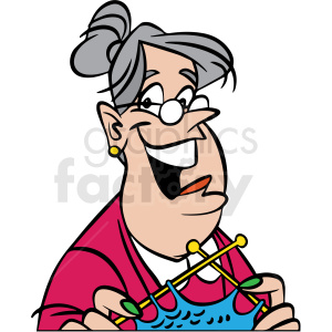 A cartoon image of a cheerful woman with grey hair, laughing and knitting a blue piece with yellow knitting needles.