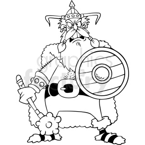 A cartoon Viking warrior with a horned helmet, shield, and battle axe.