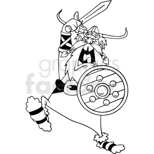 A cartoon-style illustration of a Viking warrior with a sword and shield. The Viking has a helmet with horns and a large mustache.