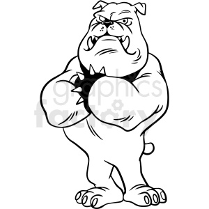 The image is a black and white clipart illustration of a stylized bulldog. The bulldog is standing with a tough and muscular appearance, featuring exaggerated forearms. It has a stern, determined facial expression, which is typical for a mascot designed to represent strength and tenacity.