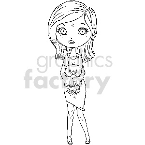 The clipart image contains a black and white illustration of a cartoon-styled teenage girl with large expressive eyes and a simple, pleasant facial expression. She has short, shoulder-length hair parted to the side and is wearing a sleeveless dress. In her arms, she is holding a stylized, cute piglet plush toy which also has big, circular eyes and a content expression.