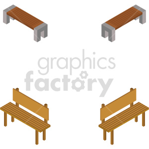 This clipart image features four isometric wooden benches, two without backrests and two with backrests. The benches are arranged in pairs, with one view showcasing plain benches and another view showing benches with back support.