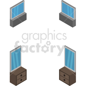 A clipart image features four mirrors. Two of these mirrors are set on dark grey bases and the other two are placed on brown dressers with two drawers each.