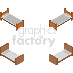 The clipart image shows four isometric views of single beds with wooden frames. Each bed has a simple design with a mattress and a pillow.
