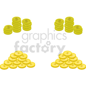 Clipart image of various stacks of gold coins with dollar signs.