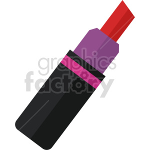 The clipart image shows an isometric view of a lipstick, which is a cosmetic product used for coloring the lips. The lipstick is depicted as a cylinder with a slanted tip and a cap at the bottom. The color of the lipstick is red.
