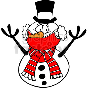 A cartoon snowman wearing a top hat, red and white scarf, and face mask with branches for arms.