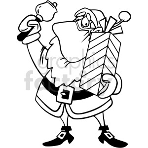 Cartoon Santa Claus wearing a face mask, holding a gift box and a bell.