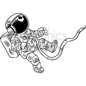 Clipart image of an astronaut in a spacesuit floating with a tether in space.