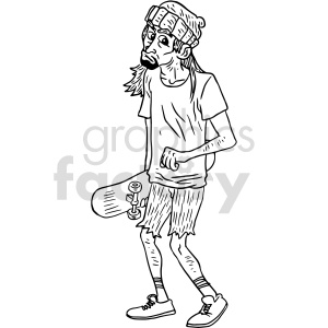 A black and white clipart illustration of a skateboarding teenager wearing casual clothes and a beanie, holding a skateboard.