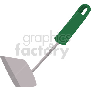   This clipart image depicts a garden hoe, which is a common tool used in gardening. The hoe has a green handle and a grey metal blade. 