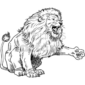 The image is a black and white clipart illustration of a roaring lion. The lion appears to have a full mane and is depicted with its mouth open in mid-roar. One of its front paws is extended forward. The illustration style is detailed, with emphasis on the pattern of the mane and the contours of the lion's body.