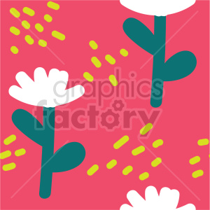 Vibrant clipart image featuring white flowers with green stems and leaves on a pink background with yellow dot accents.