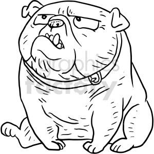   The image is a line drawing of a bulldog. The dog appears to be standing with a slightly grumpy or tough expression. It has distinct bulldog features such as a wrinkled face, saggy jowls, and a stout body. The bulldog is wearing a collar. There
