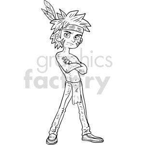 The clipart image shows a cartoon representation of a boy styled to suggest a Native American theme. He has a feather in his hair, facial markings or tattoos, and is depicted wearing a loincloth and a single sneaker on one foot while being barefoot on the other. He is standing with one arm folded across his chest and the other on his waist, striking a confident pose.