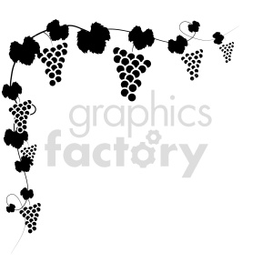 A clipart image of grapevines with clusters of grapes and grape leaves arranged to form a decorative border on the top and left edges.