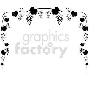 This clipart image features a decorative border composed of grapevines with clusters of grapes and grape leaves in a silhouetted black design. The vines and grapes form a frame-like structure, predominantly along the top and sides.
