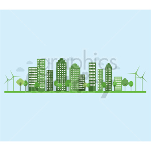 Illustration of a green city skyline with eco-friendly elements, including buildings, trees, and wind turbines.