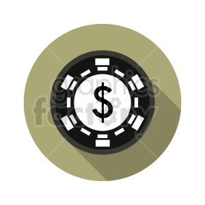 Clipart image of a black poker chip with a dollar sign in the center, set against a green circular background.