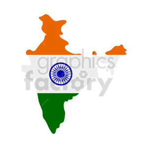 The image is a clipart representation of the country of India, with the Indian national flag colors overlaid onto the map. The flag design has been stylized to fill in the shape of the country's borders. The top part of the map is covered in saffron (orange), the center is white with the Ashoka Chakra (a 24-spoke blue wheel), and the bottom part is green, matching the tricolors of the Indian national flag.