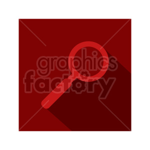 Red magnifying glass icon on a dark red square background with a long shadow effect.