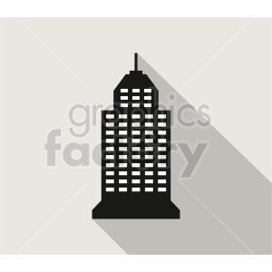 A minimalist clipart image of a black skyscraper with a long shadow on a light background.