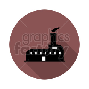   Clipart image of a factory building with a smokestack against a brown circular background. 