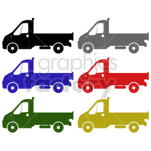 Silhouette clipart of trucks in different colors: black, gray, blue, red, green, and yellow.