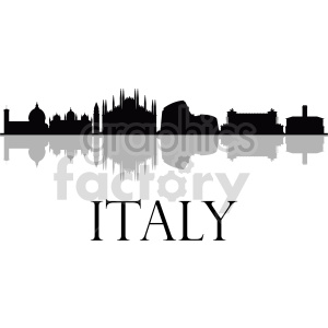 Silhouette clipart of famous landmarks in Italy, including reflections and the word 'ITALY' at the bottom.