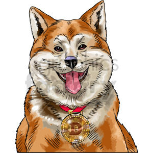   The clipart image depicts a cartoon Shiba Inu dog, which is the mascot of the digital currency called Dogecoin. The dog is holding a gold coin with the Dogecoin logo on it, representing the cryptocurrency