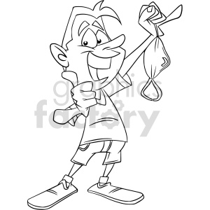 A joyful cartoon character holding a face mask in one hand, giving a thumbs up with the other.