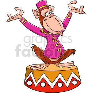 A cartoon illustration of a monkey dressed as a circus performer, wearing a purple coat and hat, standing on a colorful circus platform.