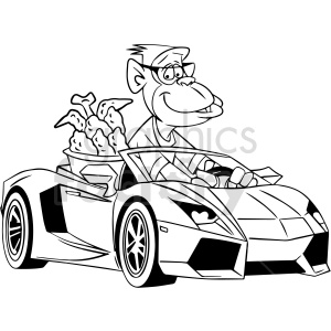 A cheerful monkey with glasses is driving a sporty convertible car with a bucket of food in the back seat.