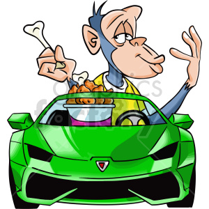 A cartoon chimpanzee driving a green sports car while holding a chicken drumstick and a bucket of fried chicken.