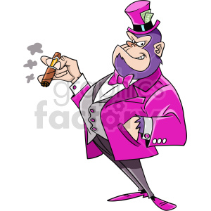 Clipart image of a cartoon character resembling a gorilla or monkey, dressed in a bright pink suit and top hat with a dollar bill tucked in it, smoking a cigar and smiling mischievously.
