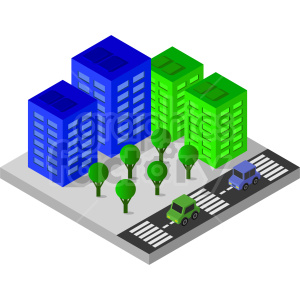 An isometric illustration showing a small city scene with blue and green apartment buildings, trees, and a road with cars.