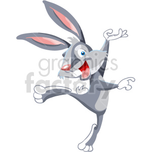 The image shows a cartoon rabbit or bunny that appears to be dancing and looking very happy. It has long ears, typically associated with a rabbit, with pink insides, a large open mouth that suggests it is joyful or excited, and it is gesturing with its arms as if dancing or celebrating.
