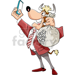 The image depicts an anthropomorphic bull dressed in a somewhat stylish outfit consisting of a red jacket, striped tie, and red shoes. The bull has a sack of money in one hand and is taking a selfie with a smartphone in the other. Its expression is confident and it has stylistic hair and horns that add to its human-like characteristics.