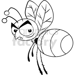 This is a black and white clipart image of a cartoon firefly with an angry expression. The firefly has large eyes, two antennae, wings with visible veins, and a striped abdomen.