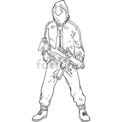 The clipart image shows a black and white illustration of a cyberpunk warrior man with a gun. The man is depicted wearing futuristic armor and holding a weapon, with various mechanical and technological elements incorporated into his appearance.