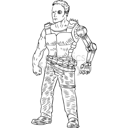 A black and white clipart of a futuristic cyborg or robot superhero character. The character has a robotic right arm, a mechanical eye, and is dressed in combat gear with a rugged appearance.