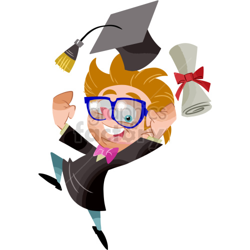 Clipart image of a happy graduate wearing a graduation cap and gown, holding a diploma and jumping in celebration.