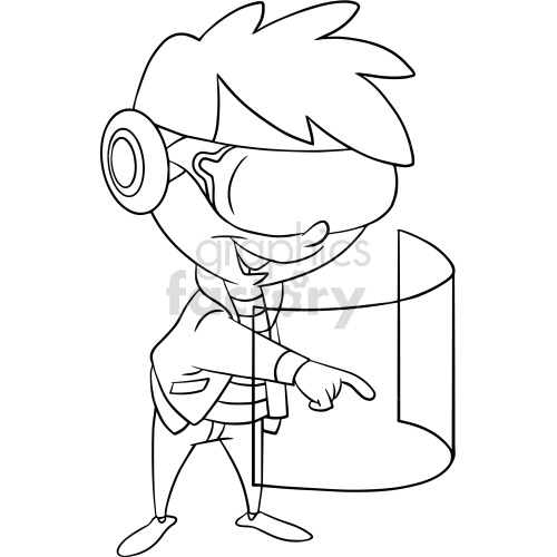 A black and white clipart image of a character wearing a VR headset and pointing. The character appears to be interacting with a virtual interface.