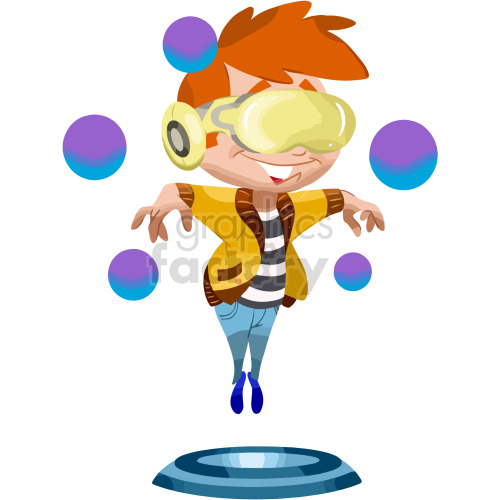 Cartoon Boy Wearing VR Glasses Hovering with Floating Spheres