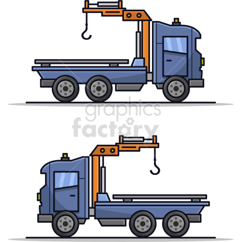 Clipart image of a blue flatbed truck with an orange crane and hook attached. The image shows the truck from two different perspectives.